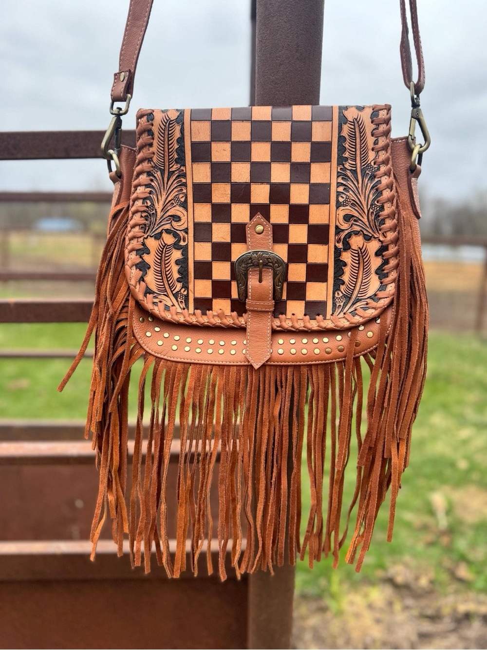 Fringed Brown Leather Crossbody Bag with Checkerboard Flap
